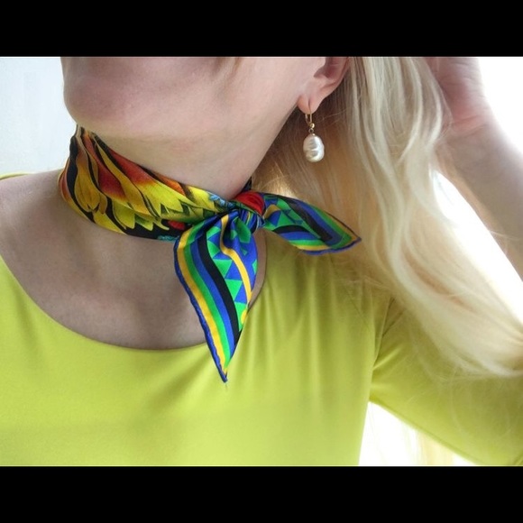 "Garden" - blue green floral 17" square mini silk neck scarf, scarf for bag - Picture 5 of 6